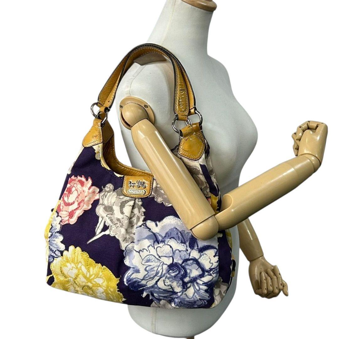 コーチ ハンドバッグ 黄 ポピー フローラル キャンバス マディソン 本革 U9 23351 肩掛け可 肩かけ可 トートバッグ ショルダーバッグ パープル イエロー シルバー金具 パテントレザー ロゴタグ COACH マギー ワンショル