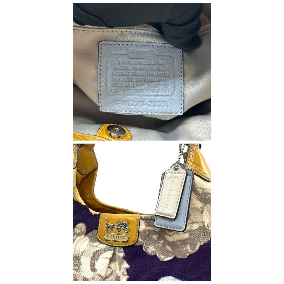 コーチ ハンドバッグ 黄 ポピー フローラル キャンバス マディソン 本革 U9 23351 肩掛け可 肩かけ可 トートバッグ ショルダーバッグ パープル イエロー シルバー金具 パテントレザー ロゴタグ COACH マギー ワンショル