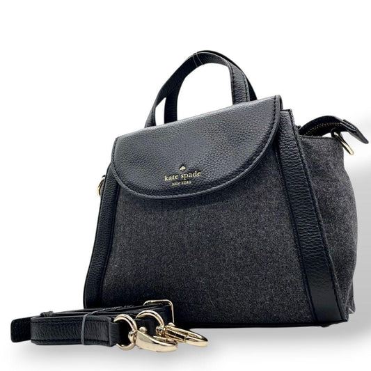 ケイトスペード ハンドバッグ グレー フラップ 2way ショルダーバッグ 斜め掛け可 トートバッグ ウール レザー 本革 ゴールド金具 ロゴ kate spade 上品 おしゃれ 通勤 通学