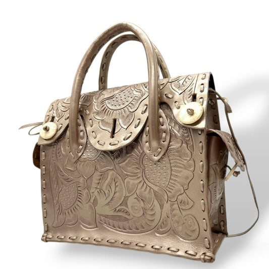 カービングトライブス ハンドバッグ ゴールド カービングバッグ 自立可 H トートバッグ レザー 本革 型押し フラップ Carving Tribes 上品 高級感 エレガント 大人可愛い