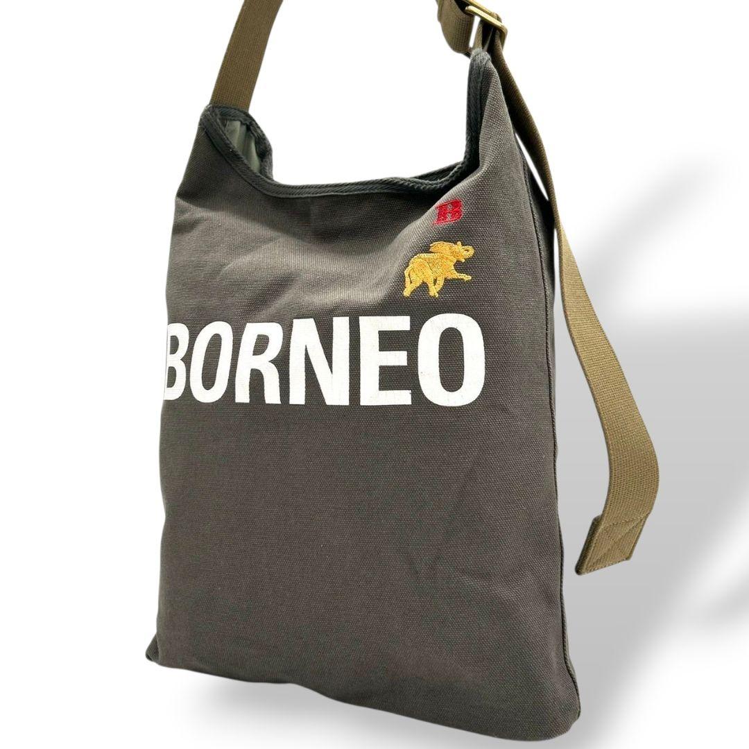 美品 HUNTING WORLD ハンティングワールド ショルダーバッグ ボルネオ 斜め掛け可 グレー×ブラウン キャンバス ブランドロゴ A4収納 E6