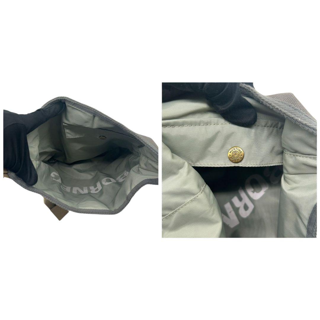 美品 HUNTING WORLD ハンティングワールド ショルダーバッグ ボルネオ 斜め掛け可 グレー×ブラウン キャンバス ブランドロゴ A4収納 E6