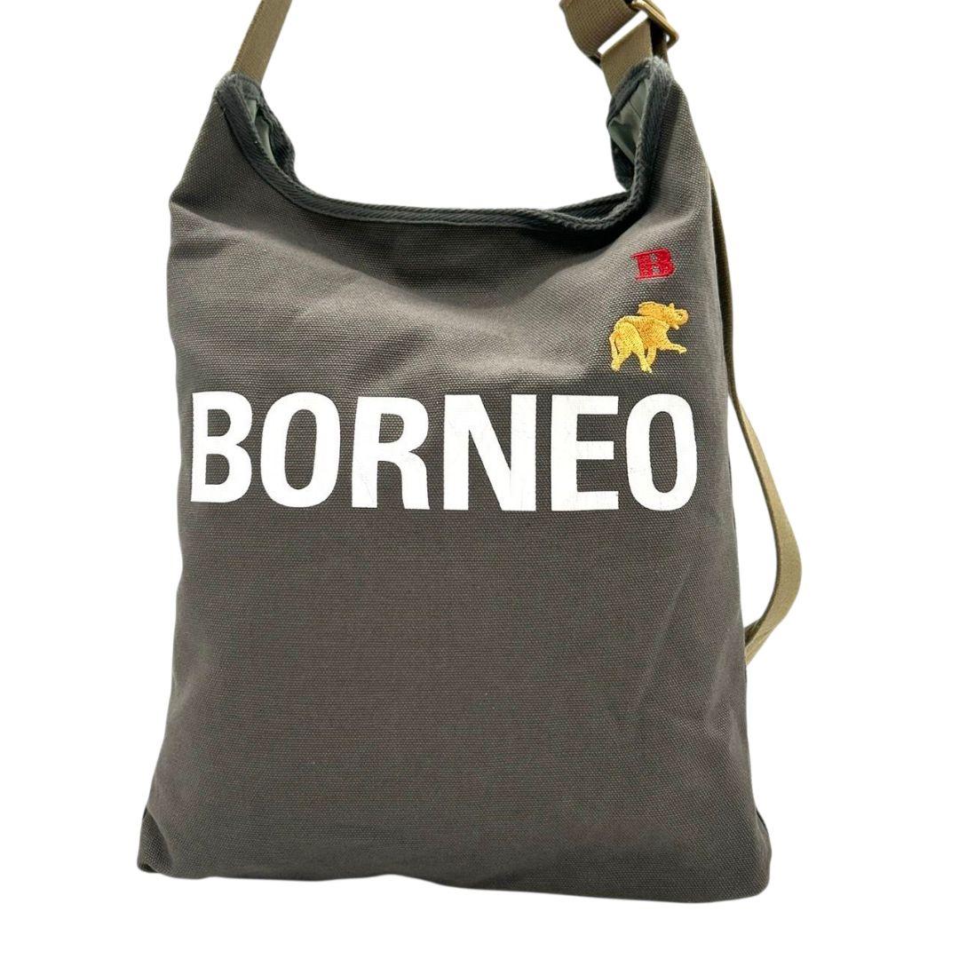 美品 HUNTING WORLD ハンティングワールド ショルダーバッグ ボルネオ 斜め掛け可 グレー×ブラウン キャンバス ブランドロゴ A4収納 E6