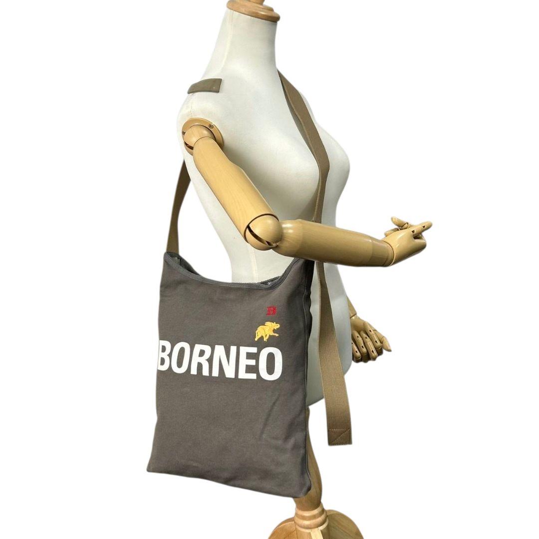 美品 HUNTING WORLD ハンティングワールド ショルダーバッグ ボルネオ 斜め掛け可 グレー×ブラウン キャンバス ブランドロゴ A4収納 E6