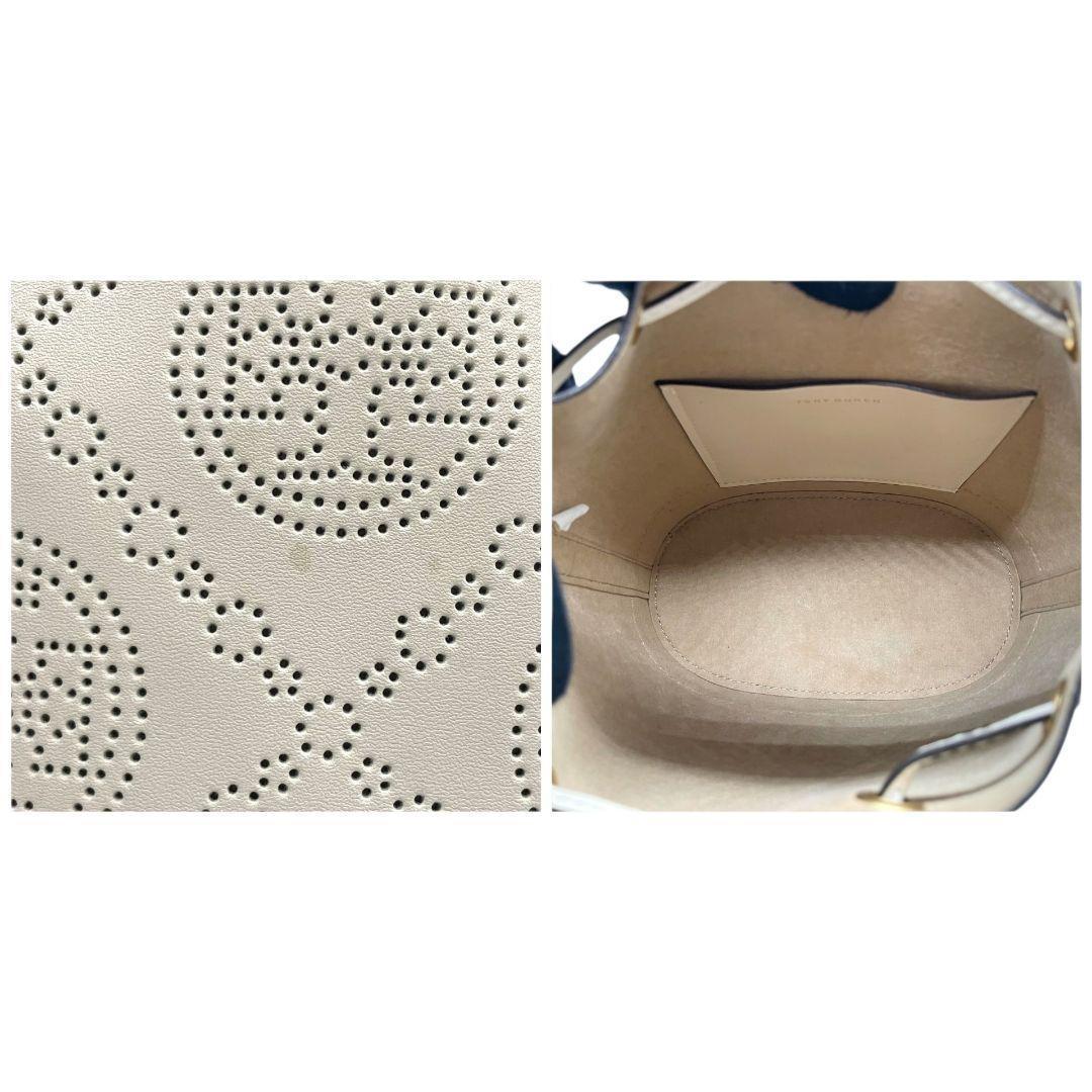 美品 トリーバーチ ショルダーバッグ マックグロー アイボリー パンチング 巾着 ベージュ レザー 本革 斜め掛け可 自立可 ロゴ金具 ゴールド金具 TORY BURCH