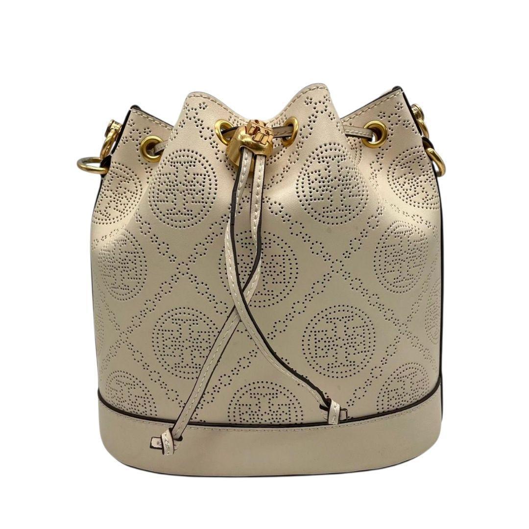 美品 トリーバーチ ショルダーバッグ マックグロー アイボリー パンチング 巾着 ベージュ レザー 本革 斜め掛け可 自立可 ロゴ金具 ゴールド金具 TORY BURCH