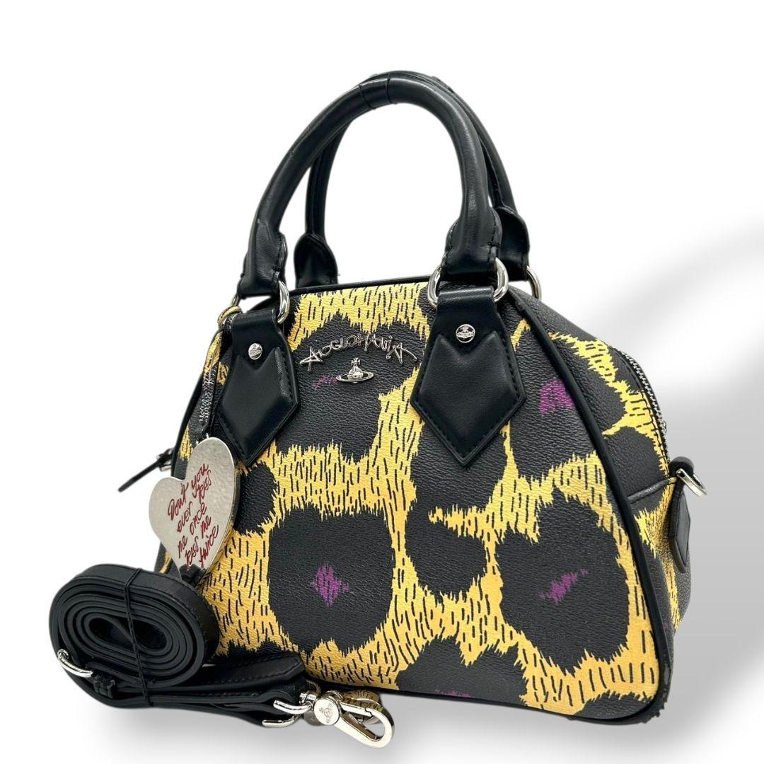 ヴィヴィアンウエストウッド ハンドバッグ 2WAY ショルダーバッグ 黒 ブラック レオパード柄 イエロー PVC アングロマニア トートバッグ オーブ チャーム付き