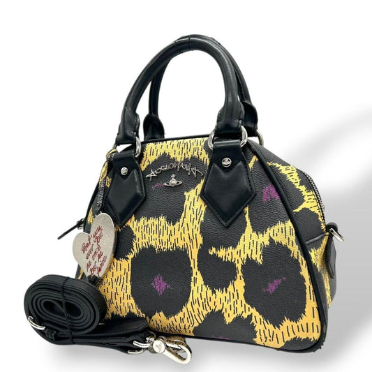 ヴィヴィアンウエストウッド ハンドバッグ 2WAY ショルダーバッグ 黒 ブラック レオパード柄 イエロー PVC アングロマニア トートバッグ オーブ チャーム付き