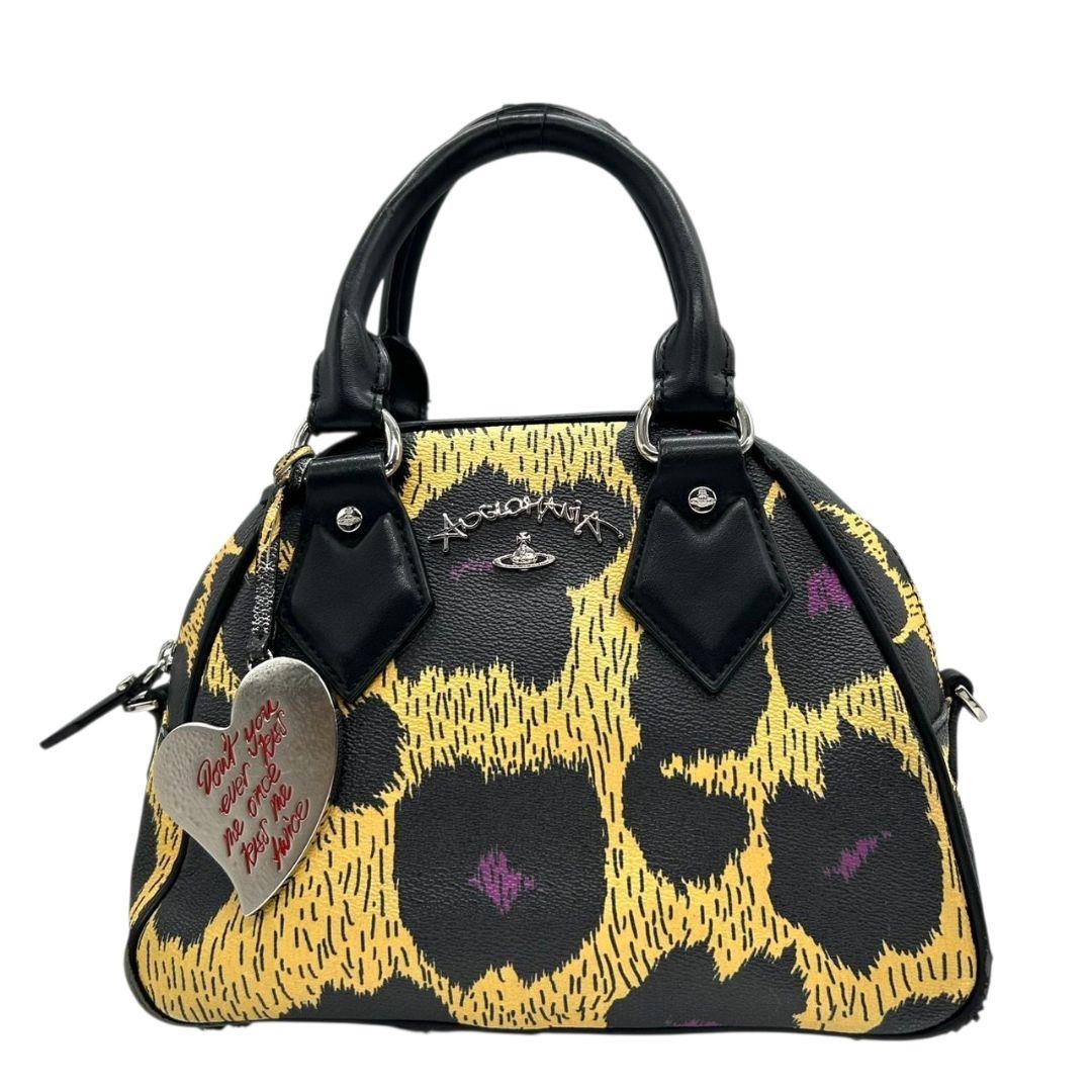 ヴィヴィアンウエストウッド ハンドバッグ 2WAY ショルダーバッグ 黒 ブラック レオパード柄 イエロー PVC アングロマニア トートバッグ オーブ チャーム付き