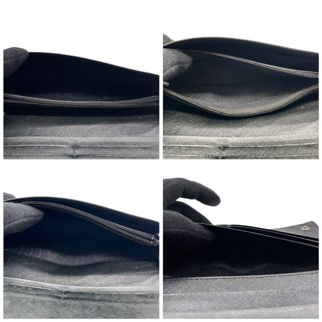 プラダ 長財布 黒 ブラック サフィアーノ レザー 本革 フラップ 三角ロゴプレート シルバー金具 ロゴ 高級感 PRADA W1