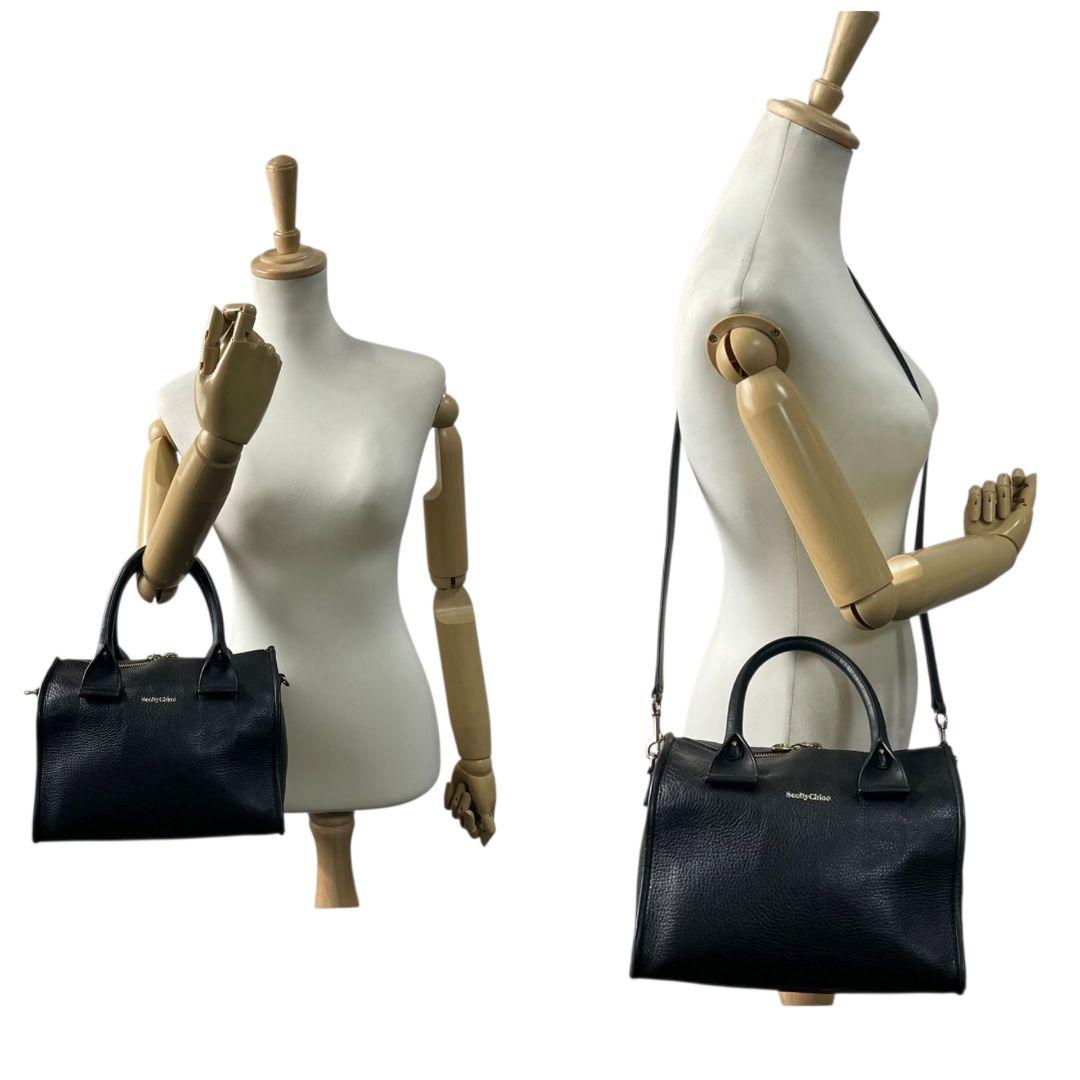 美品 シーバイクロエ ハンドバッグ 黒 ボストンバッグ 2way ロゴ レザー F ショルダーバッグ トートバッグ 斜め掛け可 本革 ブラック ゴールド金具 SeeByChloe