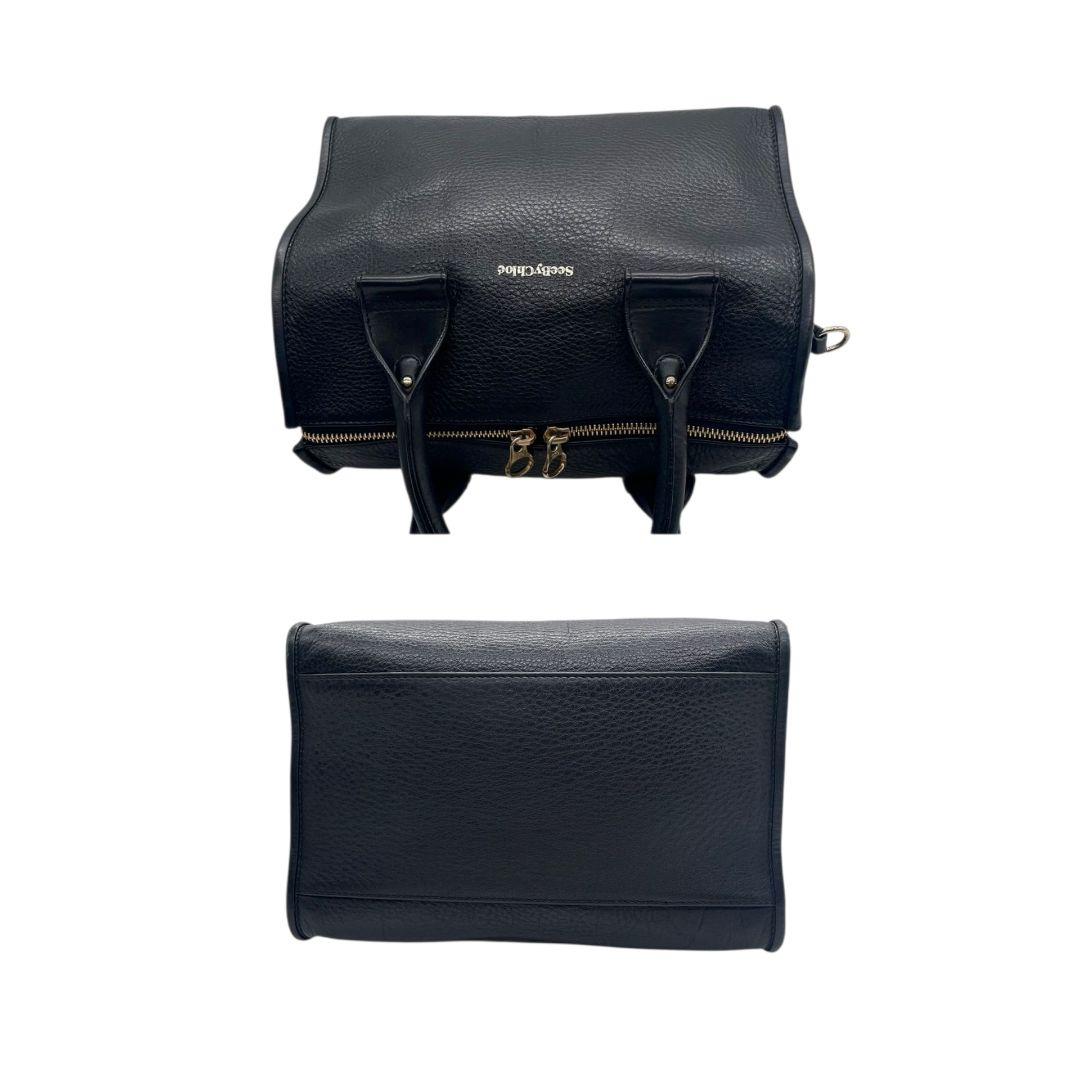美品 シーバイクロエ ハンドバッグ 黒 ボストンバッグ 2way ロゴ レザー F ショルダーバッグ トートバッグ 斜め掛け可 本革 ブラック ゴールド金具 SeeByChloe