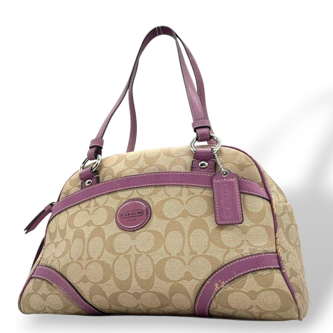 コーチ　ハンドバッグ　ベージュ　シグネチャー　ワンショルダー　PVC　s14　トートバッグ　肩掛け可　肩かけ可　レザー　本革　パープル　シルバー金具　ロゴプレート　ロゴタグ　F18918