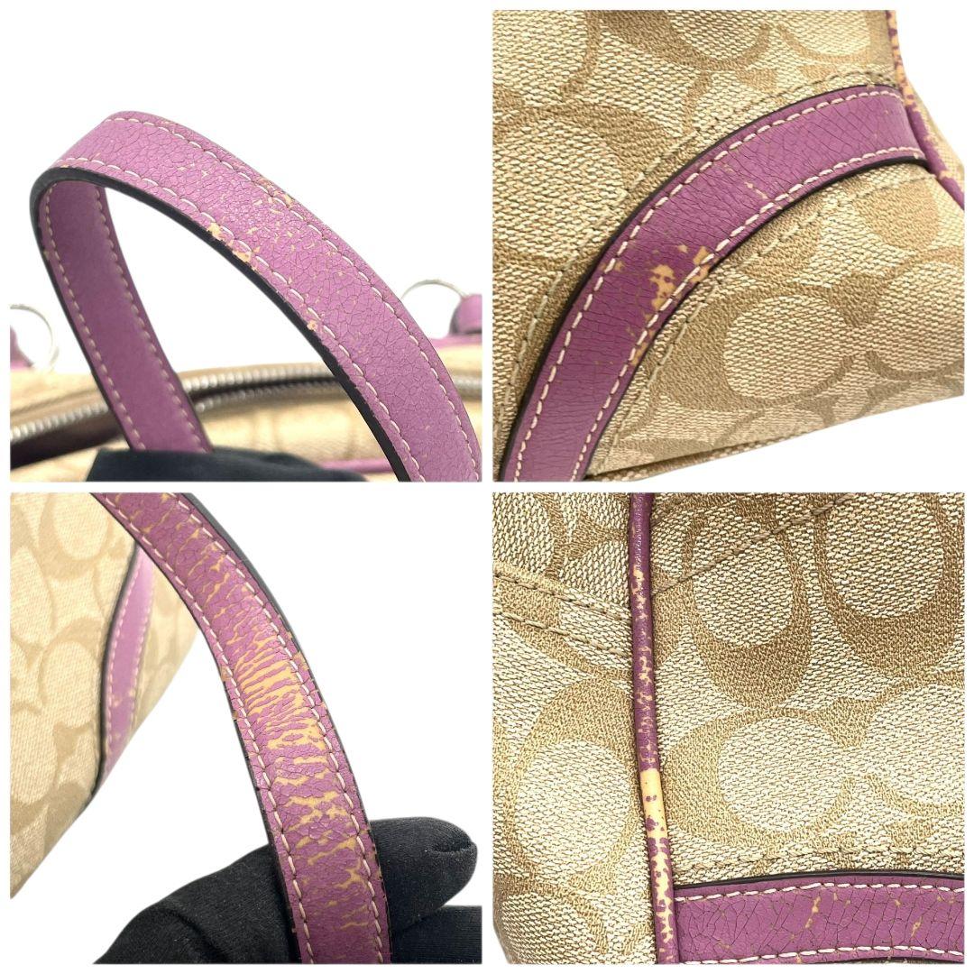 コーチ　ハンドバッグ　ベージュ　シグネチャー　ワンショルダー　PVC　s14　トートバッグ　肩掛け可　肩かけ可　レザー　本革　パープル　シルバー金具　ロゴプレート　ロゴタグ　F18918