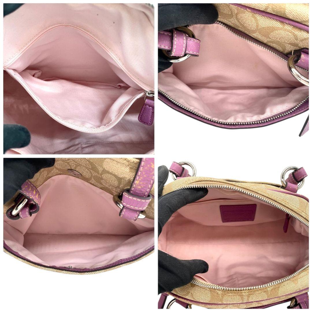 コーチ　ハンドバッグ　ベージュ　シグネチャー　ワンショルダー　PVC　s14　トートバッグ　肩掛け可　肩かけ可　レザー　本革　パープル　シルバー金具　ロゴプレート　ロゴタグ　F18918