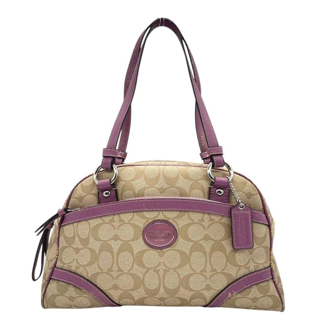 コーチ　ハンドバッグ　ベージュ　シグネチャー　ワンショルダー　PVC　s14　トートバッグ　肩掛け可　肩かけ可　レザー　本革　パープル　シルバー金具　ロゴプレート　ロゴタグ　F18918