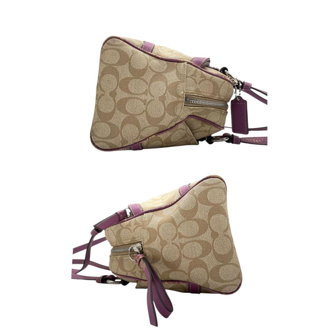 コーチ　ハンドバッグ　ベージュ　シグネチャー　ワンショルダー　PVC　s14　トートバッグ　肩掛け可　肩かけ可　レザー　本革　パープル　シルバー金具　ロゴプレート　ロゴタグ　F18918