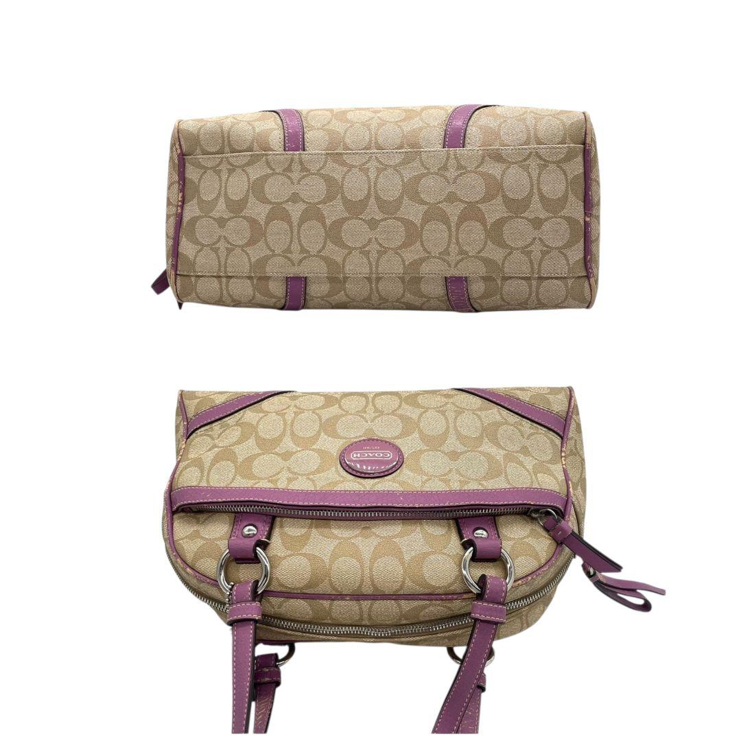 コーチ　ハンドバッグ　ベージュ　シグネチャー　ワンショルダー　PVC　s14　トートバッグ　肩掛け可　肩かけ可　レザー　本革　パープル　シルバー金具　ロゴプレート　ロゴタグ　F18918