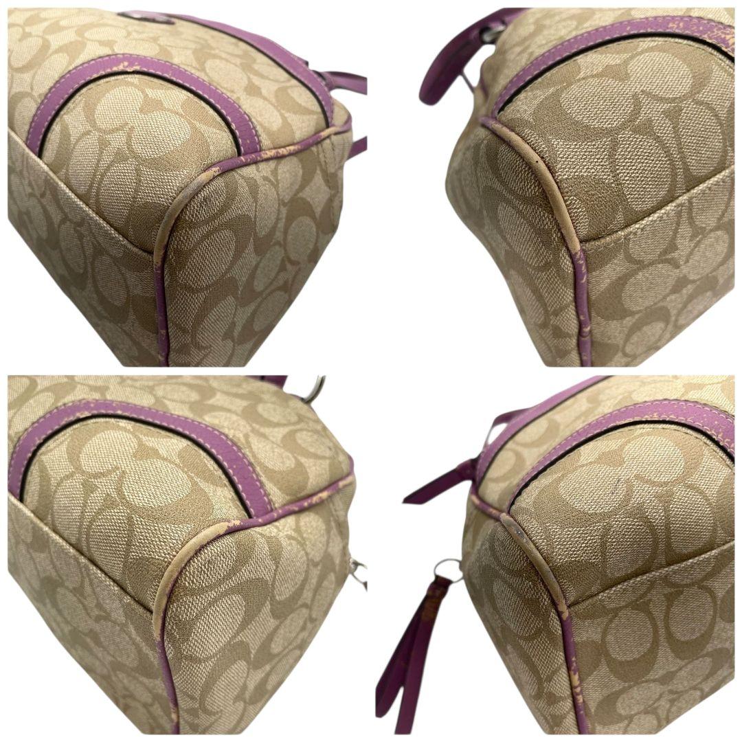 コーチ　ハンドバッグ　ベージュ　シグネチャー　ワンショルダー　PVC　s14　トートバッグ　肩掛け可　肩かけ可　レザー　本革　パープル　シルバー金具　ロゴプレート　ロゴタグ　F18918