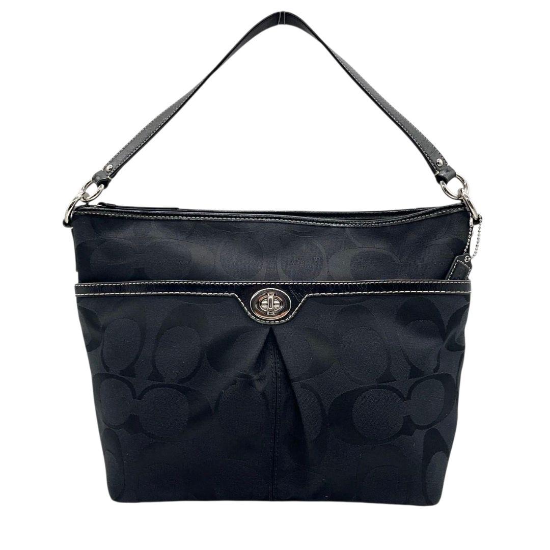 コーチ ショルダーバッグ 黒 ブラック シグネチャー ターンロック 2way ハンドバッグ トートバッグ ワンショルダー 斜め掛け可 キャンバス シルバー金具 ロゴタグ COACH F14852