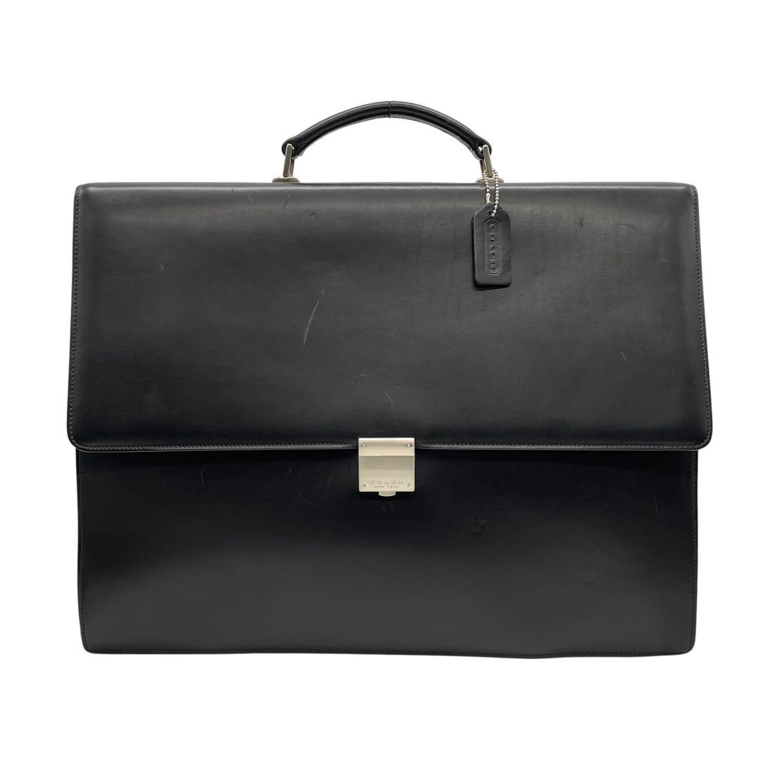 コーチ ビジネスバッグ レザー ブラック A4収納 ブリーフケース フラップ ハンドバッグ トートバッグ 大容量 シルバー金具 チャーム付き COACH E