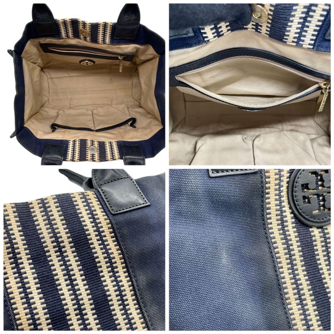 トリーバーチ TORY BURCH トートバッグ 紺 ネイビー ベージュ デカロゴ ストライプ ワンショルダー A4収納 肩掛け可 キャンバス レザー 本革 ゴールド金具 ロゴプレート ハンドバッグ u10