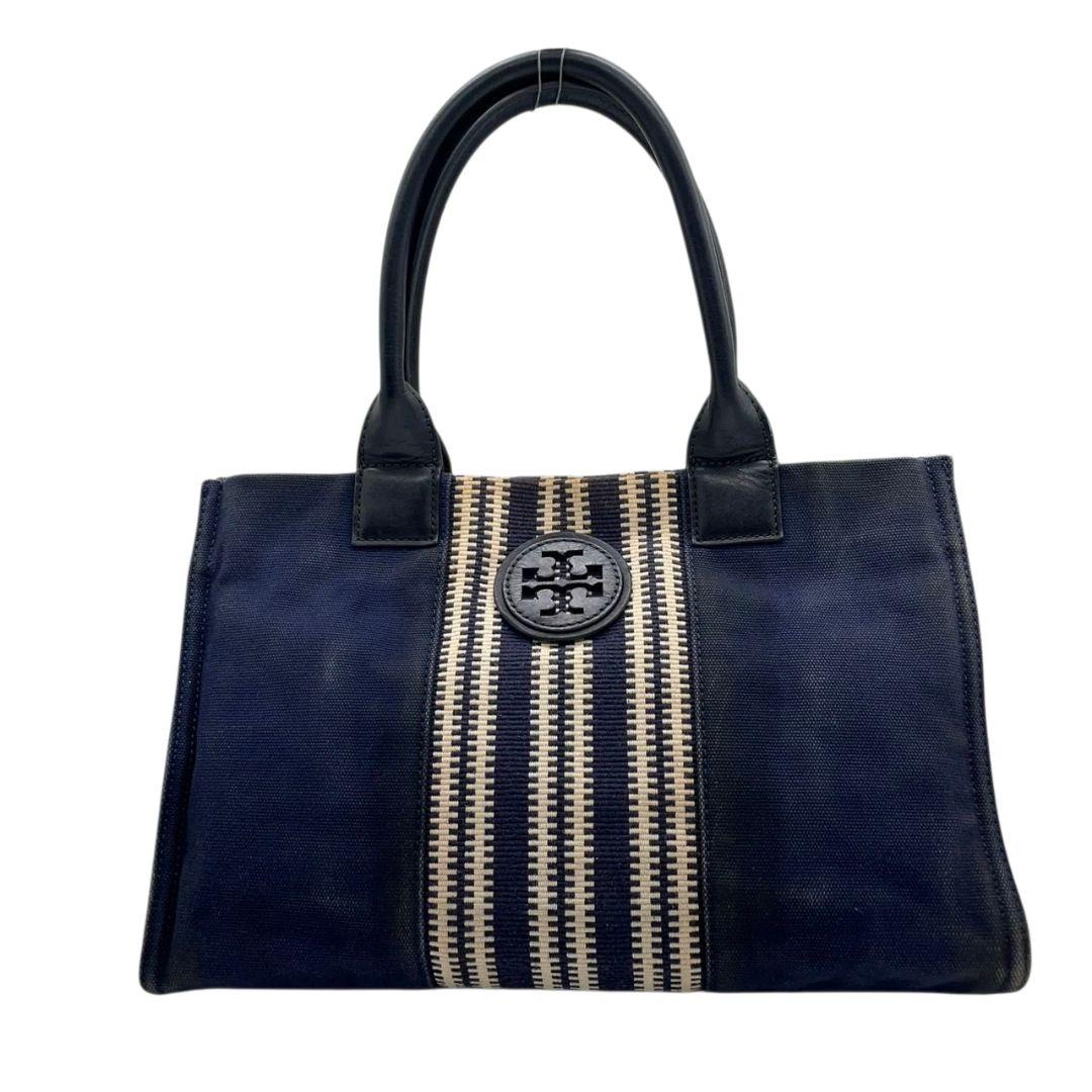 トリーバーチ TORY BURCH トートバッグ 紺 ネイビー ベージュ デカロゴ ストライプ ワンショルダー A4収納 肩掛け可 キャンバス レザー 本革 ゴールド金具 ロゴプレート ハンドバッグ u10