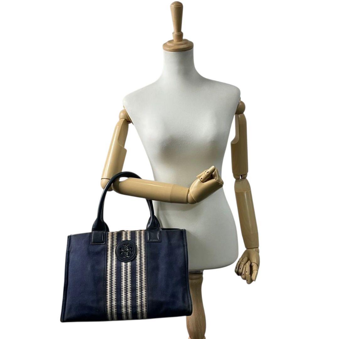 トリーバーチ TORY BURCH トートバッグ 紺 ネイビー ベージュ デカロゴ ストライプ ワンショルダー A4収納 肩掛け可 キャンバス レザー 本革 ゴールド金具 ロゴプレート ハンドバッグ u10