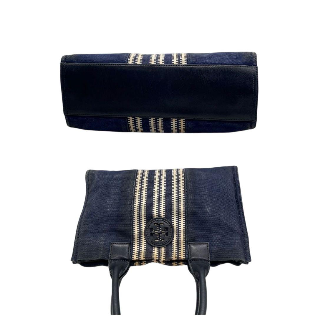 トリーバーチ TORY BURCH トートバッグ 紺 ネイビー ベージュ デカロゴ ストライプ ワンショルダー A4収納 肩掛け可 キャンバス レザー 本革 ゴールド金具 ロゴプレート ハンドバッグ u10