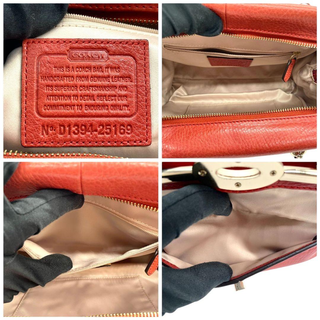 コーチ ハンドバッグ 赤 ターンロック 2way 斜め掛け可 レザー T6 ショルダーバッグ トートバッグ 本革 オレンジ ゴールド金具 ロゴタグ 25169