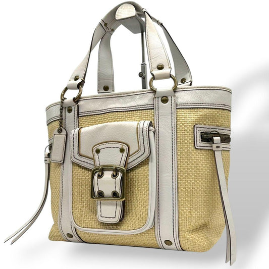 美品 コーチ ハンドバッグ 白 ハンプトンズ ストロー かごバッグ ワンショルダー 肩掛け可 トートバッグ ホワイト ベージュ ゴールド金具 ロゴタグ レザー 本革 COACH s44