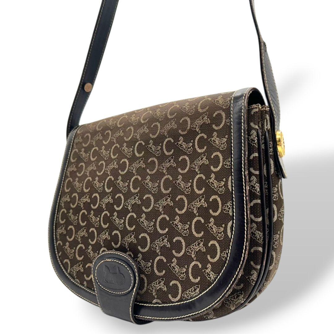 CELINE セリーヌ ショルダーバッグ ブラウン Cマカダム 総柄 フラップ 馬車金具 サルキー レザー 本革 ゴールド金具 ロゴ ヴィンテージ s48