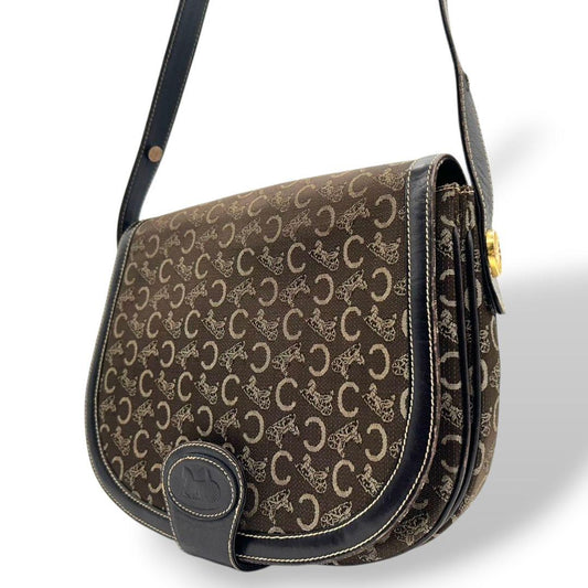 CELINE セリーヌ ショルダーバッグ ブラウン Cマカダム 総柄 フラップ 馬車金具 サルキー レザー 本革 ゴールド金具 ロゴ ヴィンテージ s48