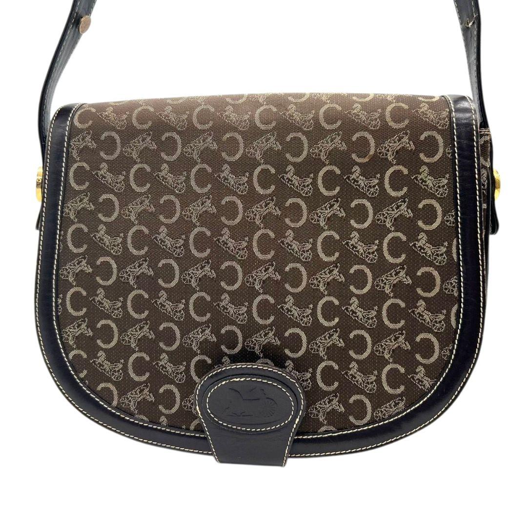 CELINE セリーヌ ショルダーバッグ ブラウン Cマカダム 総柄 フラップ 馬車金具 サルキー レザー 本革 ゴールド金具 ロゴ ヴィンテージ s48