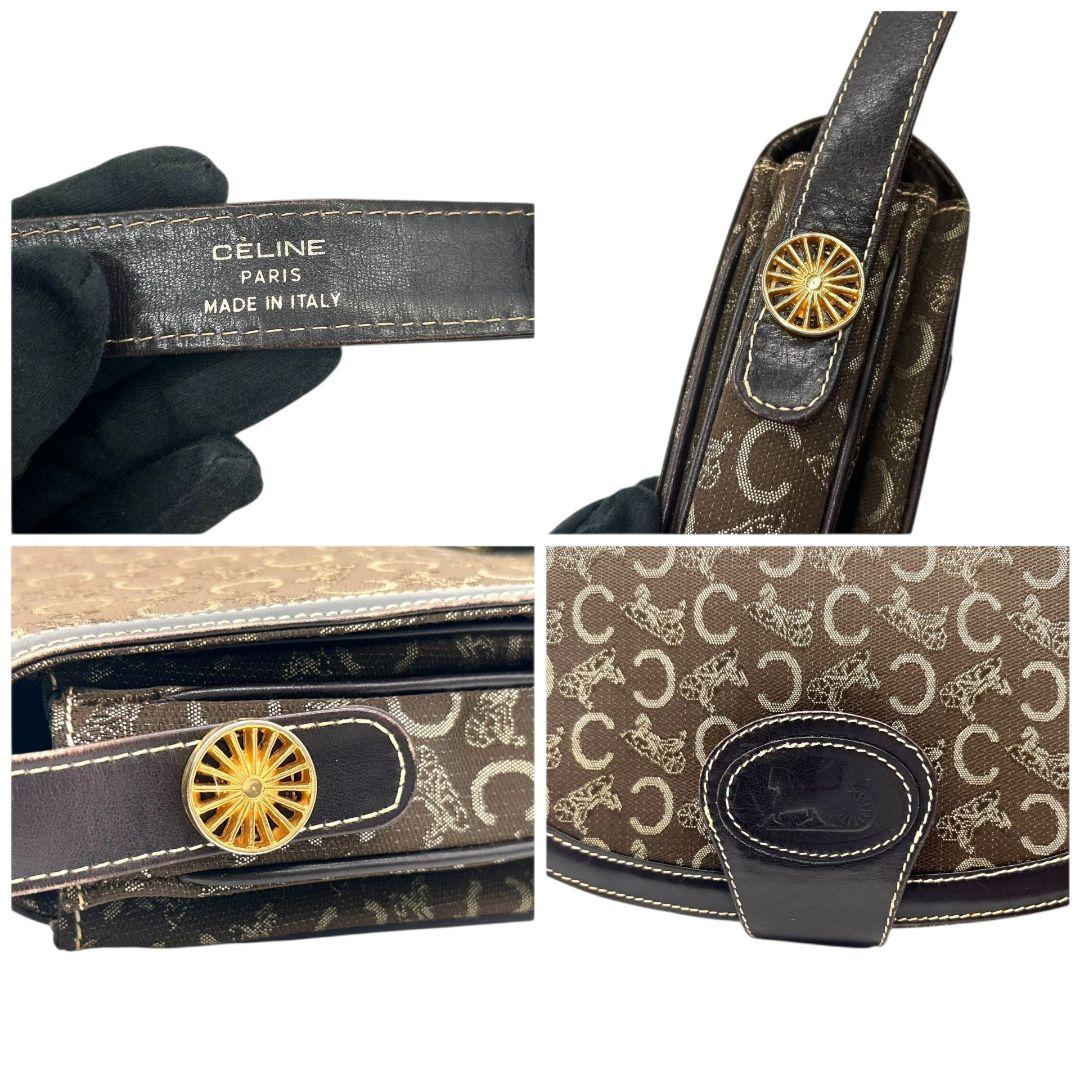 CELINE セリーヌ ショルダーバッグ ブラウン Cマカダム 総柄 フラップ 馬車金具 サルキー レザー 本革 ゴールド金具 ロゴ ヴィンテージ s48
