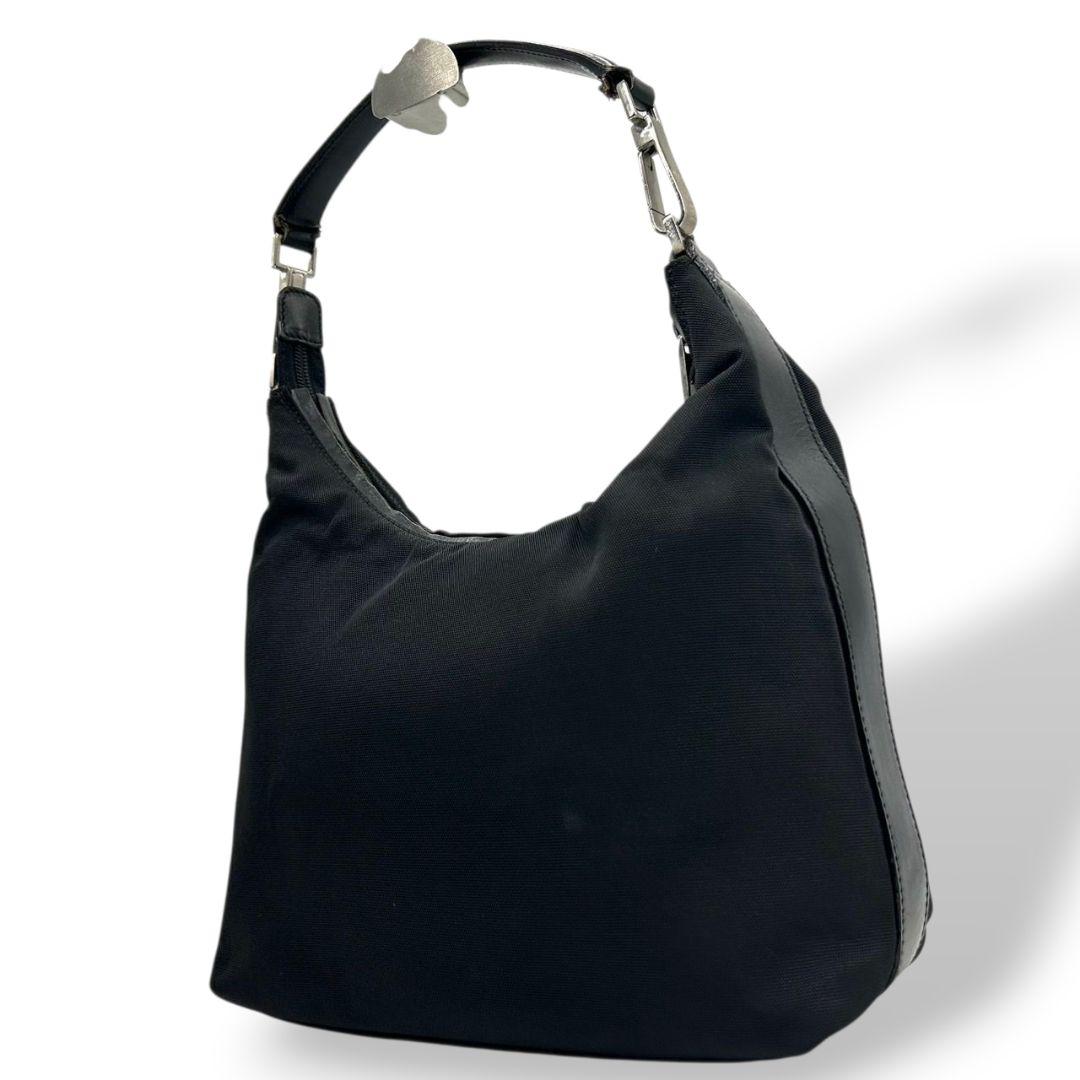 グッチ ハンドバッグ 黒 ワンショルダー ナイロン レザー GUCCI トートバッグ 自立可 肩掛け可 ブラック 本革 シルバー金具 0013766 002058