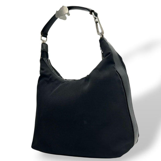 グッチ ハンドバッグ 黒 ワンショルダー ナイロン レザー GUCCI トートバッグ 自立可 肩掛け可 ブラック 本革 シルバー金具 0013766 002058