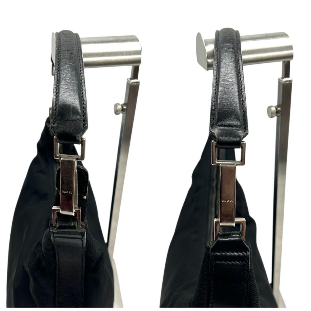 グッチ ハンドバッグ 黒 ワンショルダー ナイロン レザー GUCCI トートバッグ 自立可 肩掛け可 ブラック 本革 シルバー金具 0013766 002058