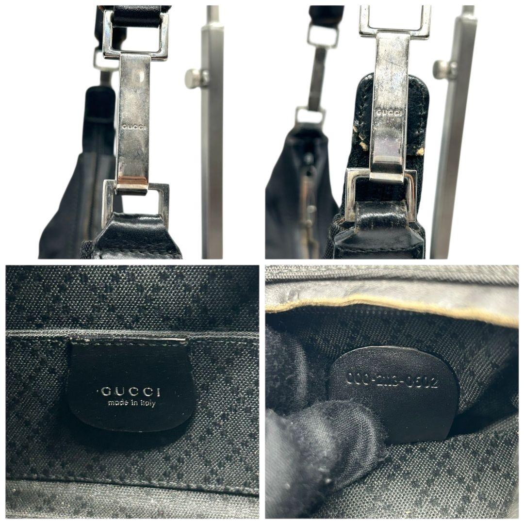 グッチ ハンドバッグ 黒 ワンショルダー ナイロン レザー GUCCI トートバッグ 自立可 肩掛け可 ブラック 本革 シルバー金具 0013766 002058
