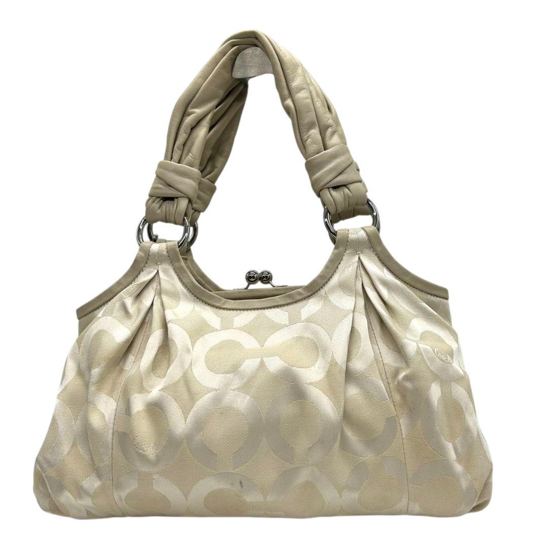 コーチ ハンドバッグ 白 ホワイト オプアート マディソン がま口 ワンショルダー トートバッグ 肩掛け可 キャンバス レザー 本革 ベージュ シルバー金具 ロゴタグ s70 COACH