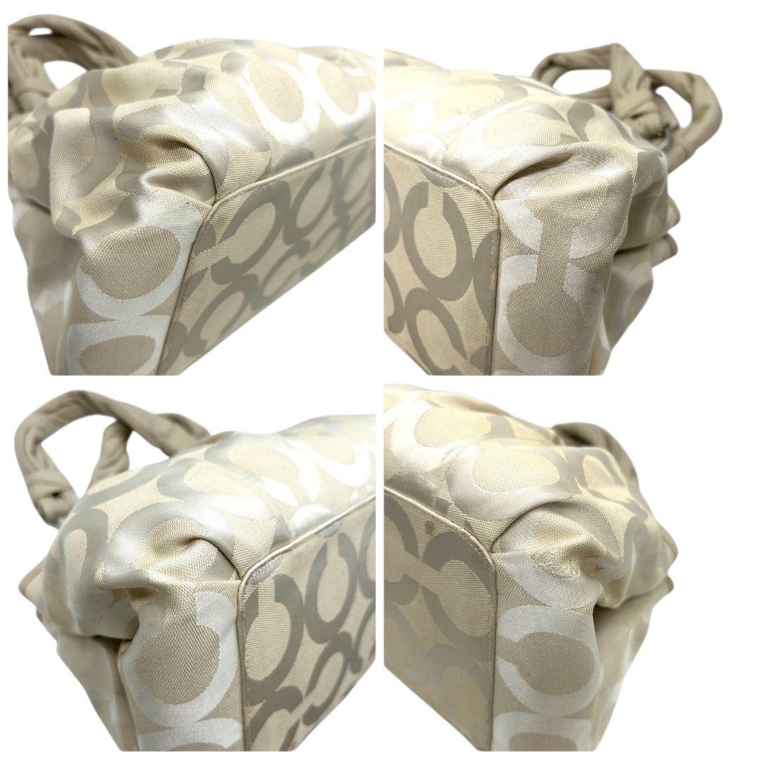 コーチ ハンドバッグ 白 ホワイト オプアート マディソン がま口 ワンショルダー トートバッグ 肩掛け可 キャンバス レザー 本革 ベージュ シルバー金具 ロゴタグ s70 COACH