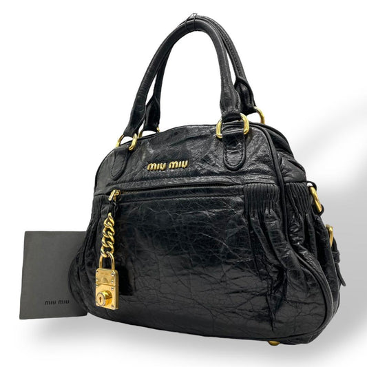 良品 miu miu ミュウミュウ C4 ハンドバッグ ナッパレザー 黒 ブラック 南京錠チャーム ゴールド金具 トートバッグ コンパクト 00s Y2K Archive レディース C4