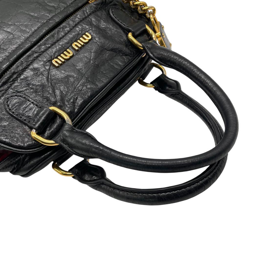 良品 miu miu ミュウミュウ C4 ハンドバッグ ナッパレザー 黒 ブラック 南京錠チャーム ゴールド金具 トートバッグ コンパクト 00s Y2K Archive レディース C4