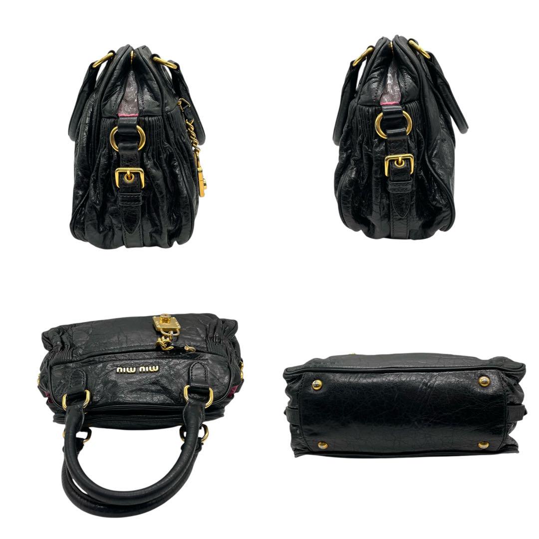 良品 miu miu ミュウミュウ C4 ハンドバッグ ナッパレザー 黒 ブラック 南京錠チャーム ゴールド金具 トートバッグ コンパクト 00s Y2K Archive レディース C4
