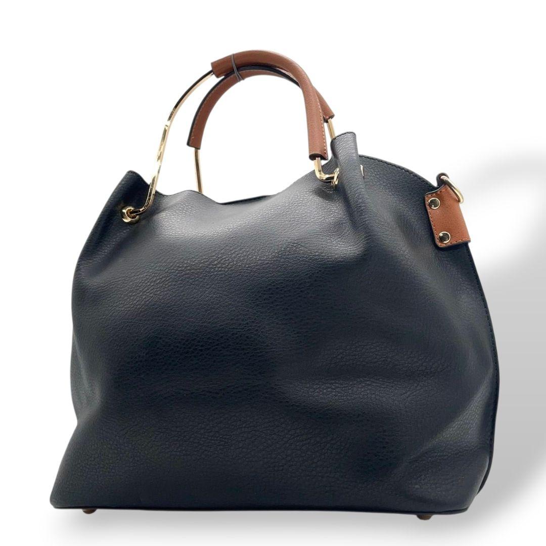 美品 ハンドバッグ 黒 A4収納 バイカラー レザー 本革 T1 トートバッグ ゴールド金具 ブラック ブラウン