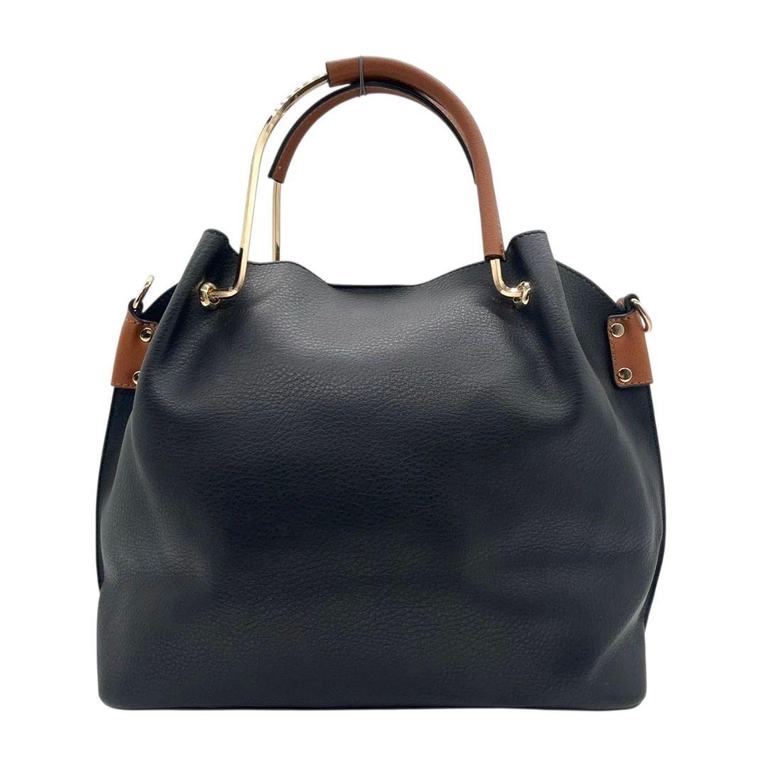 美品 ハンドバッグ 黒 A4収納 バイカラー レザー 本革 T1 トートバッグ ゴールド金具 ブラック ブラウン