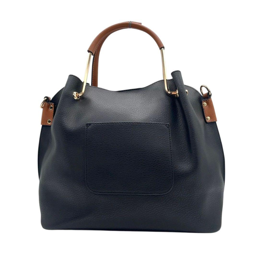 美品 ハンドバッグ 黒 A4収納 バイカラー レザー 本革 T1 トートバッグ ゴールド金具 ブラック ブラウン