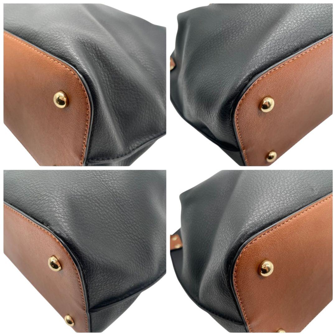 美品 ハンドバッグ 黒 A4収納 バイカラー レザー 本革 T1 トートバッグ ゴールド金具 ブラック ブラウン