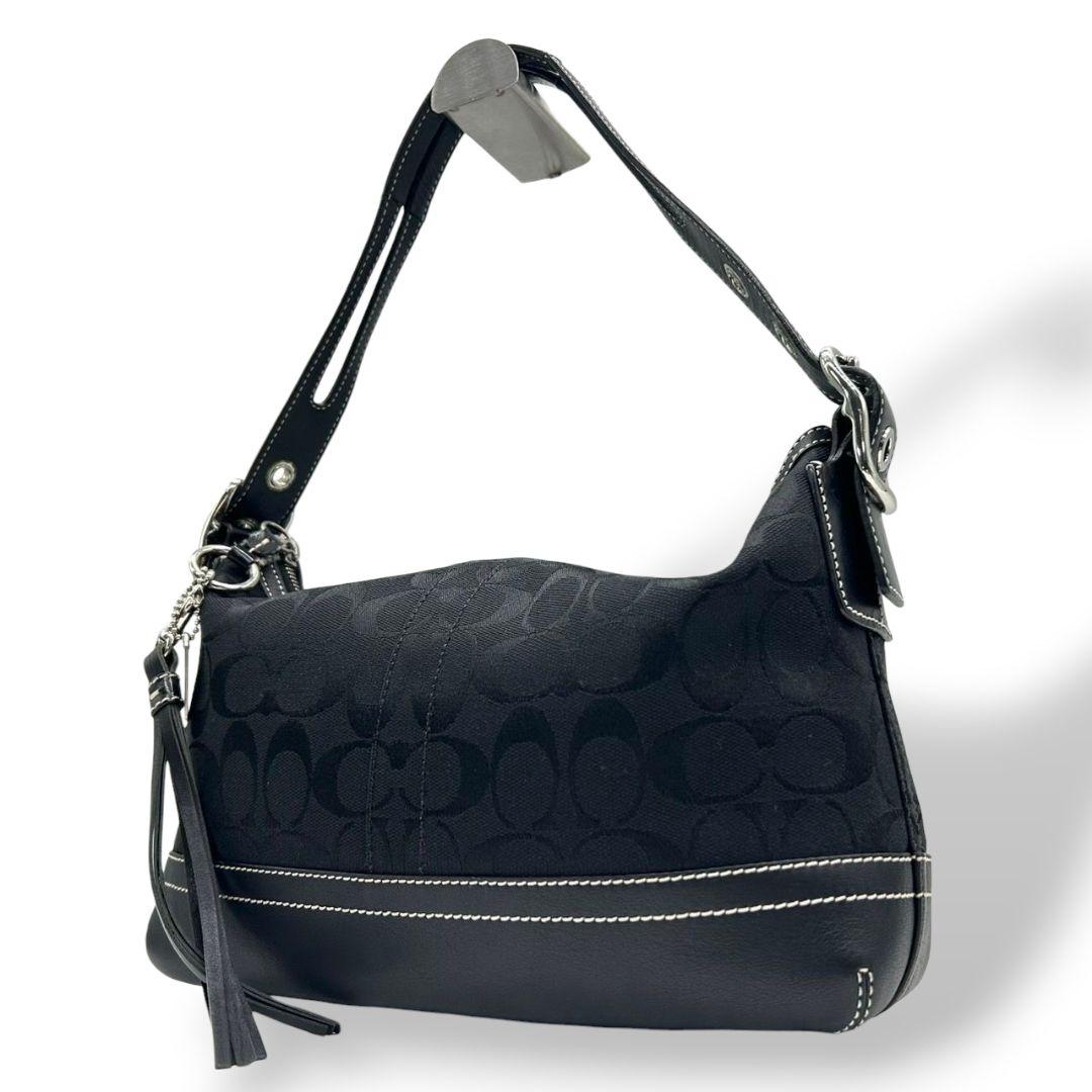 美品 コーチ ハンドバッグ 黒 シグネチャー ワンショルダー キャンバス 9363 肩掛け可 トートバッグ ブラック シルバー金具 レザー 本革 タッセル ロゴタグ COACH E8