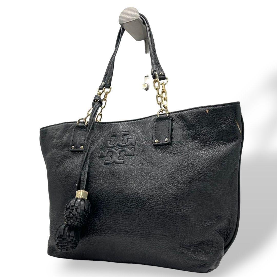 トリーバーチ トートバッグ 黒 マリオン レザー ロゴ タッセル ワンショルダー A4収納 自立可 肩掛け可 チェーン ハンドバッグ ブラック ゴールド金具 TORY BURCH